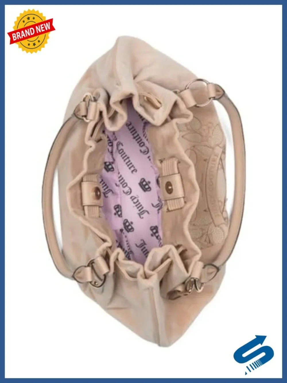 Embroidered Logo Velour Tote with Magnetic Closure and Detachable Pouch
